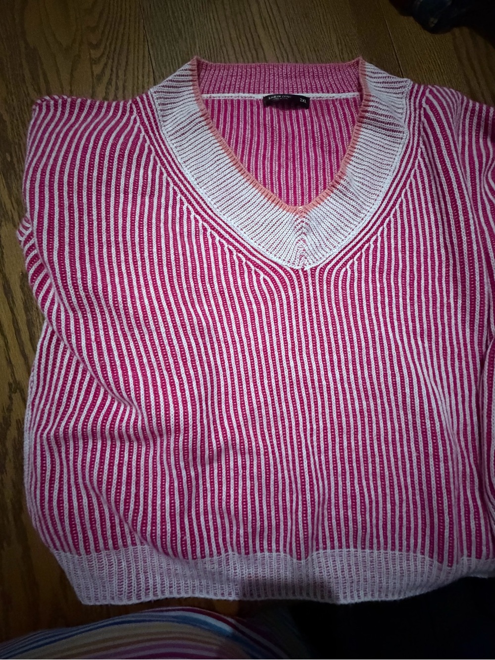 SHEIN Hot Pink Striped V-Neck Drop Shoulder Sweater - Picture 4 of 6